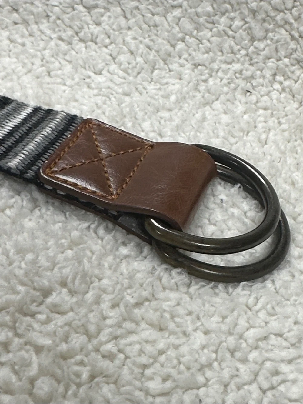 Men’s Black & Gray Striped Canvas Double D-ring belt, Leather Trim